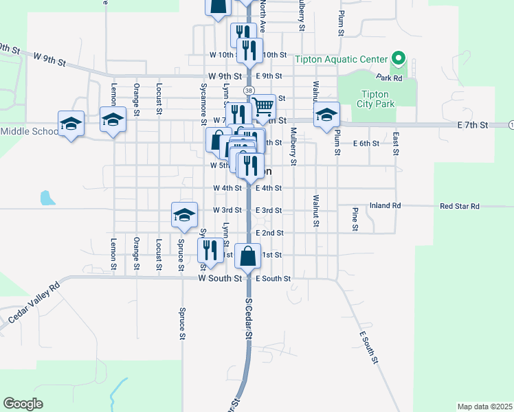 map of restaurants, bars, coffee shops, grocery stores, and more near 298 Cedar St in Tipton