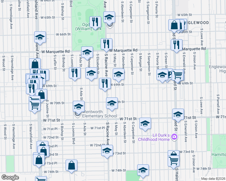 map of restaurants, bars, coffee shops, grocery stores, and more near 6941 South Racine Avenue in Chicago