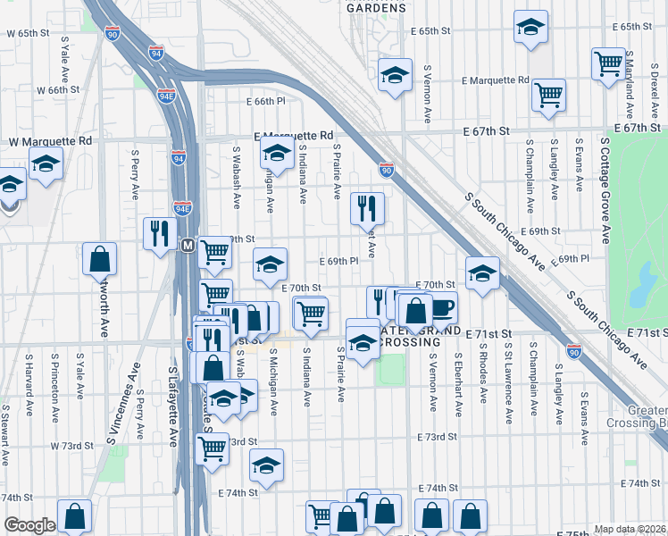 map of restaurants, bars, coffee shops, grocery stores, and more near 214 East 70th Street in Chicago