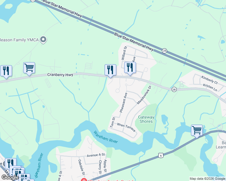 map of restaurants, bars, coffee shops, grocery stores, and more near 2697 Cranberry Highway in Wareham