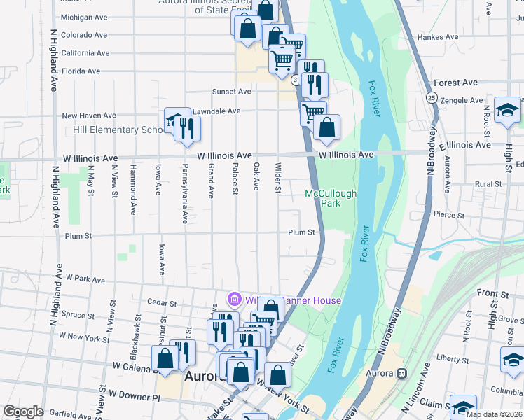 map of restaurants, bars, coffee shops, grocery stores, and more near 529 Oak Avenue in Aurora