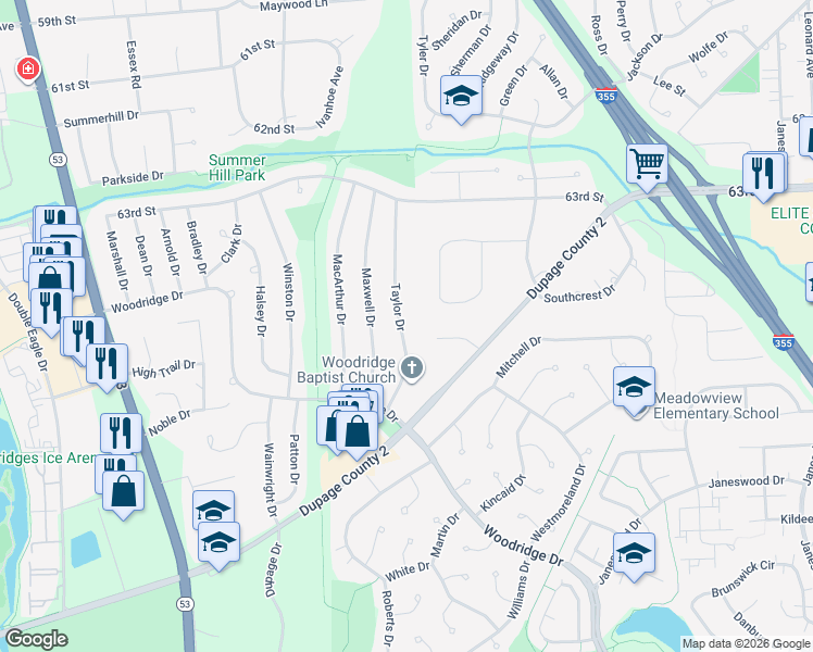 map of restaurants, bars, coffee shops, grocery stores, and more near 6517 Taylor Drive in Woodridge