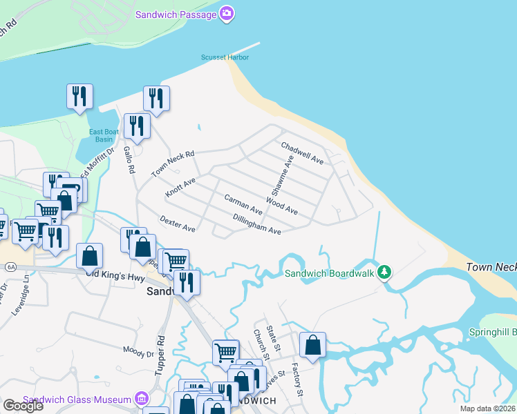 map of restaurants, bars, coffee shops, grocery stores, and more near 54 Carman Avenue in Sandwich