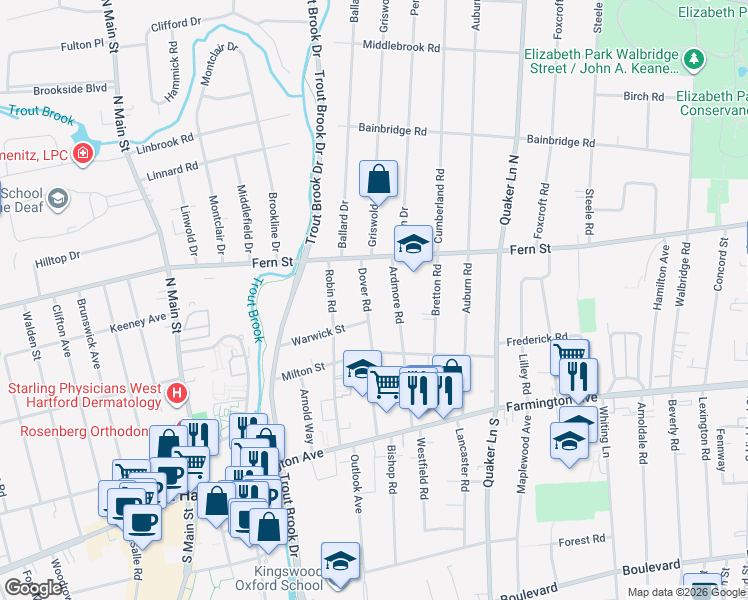 map of restaurants, bars, coffee shops, grocery stores, and more near 126 Dover Road in West Hartford