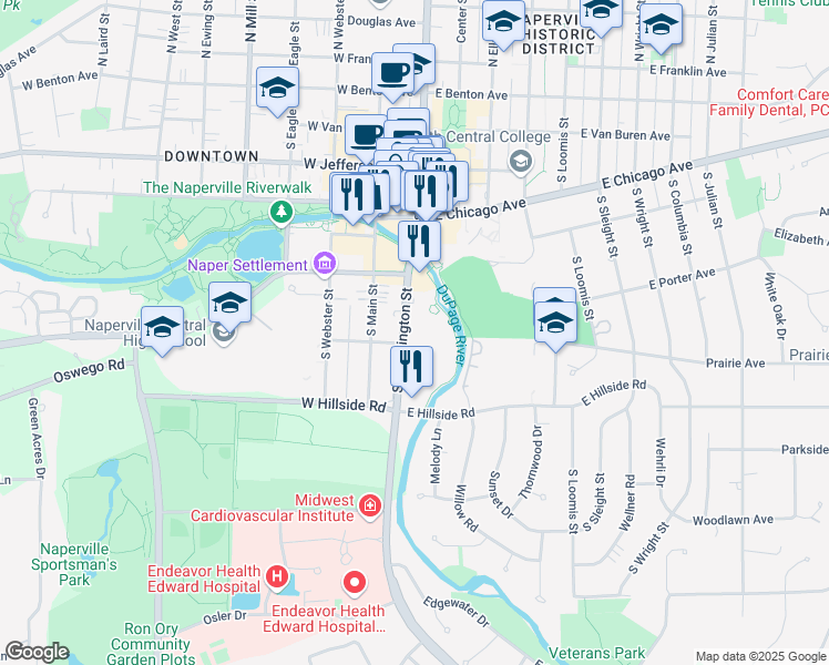 map of restaurants, bars, coffee shops, grocery stores, and more near 600 South Washington Street in Naperville