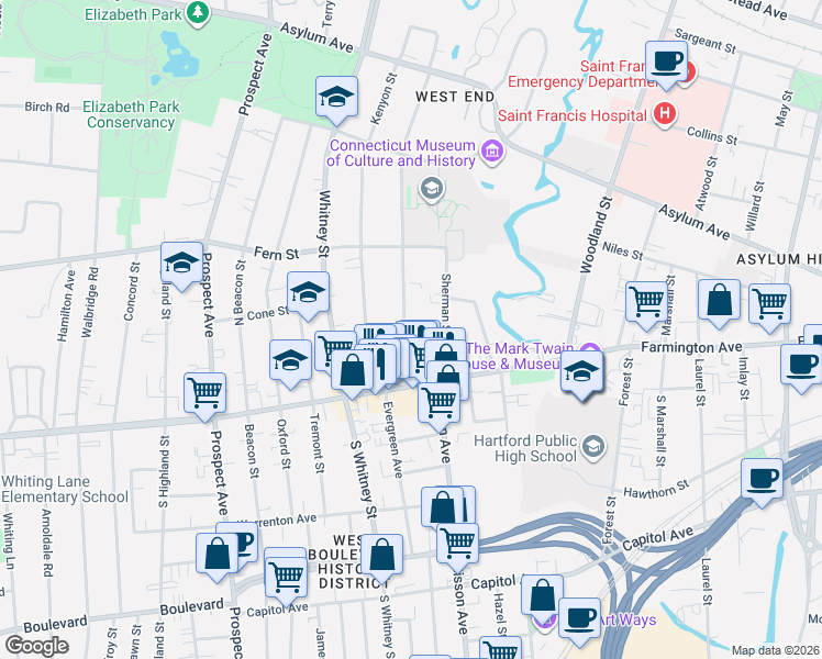 map of restaurants, bars, coffee shops, grocery stores, and more near 48 Girard Avenue in Hartford