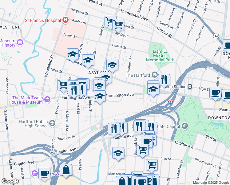 map of restaurants, bars, coffee shops, grocery stores, and more near 142 Farmington Avenue in Hartford