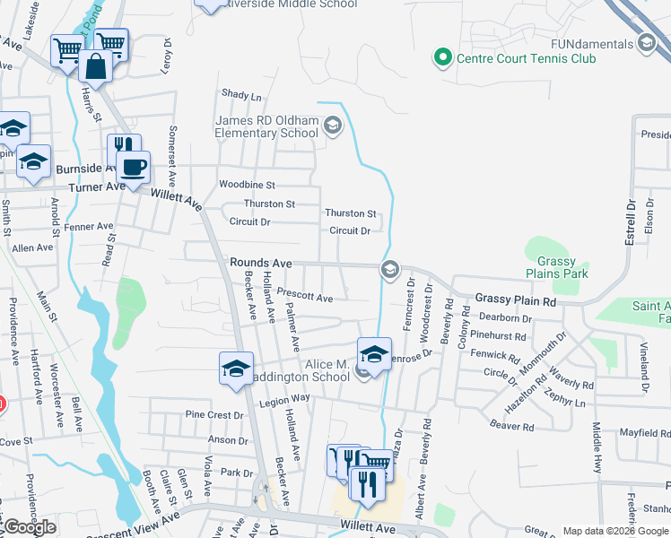 map of restaurants, bars, coffee shops, grocery stores, and more near 104 Brook Avenue in East Providence