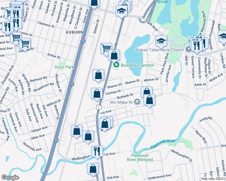 map of restaurants, bars, coffee shops, grocery stores, and more near 68 Burbank Street in Cranston