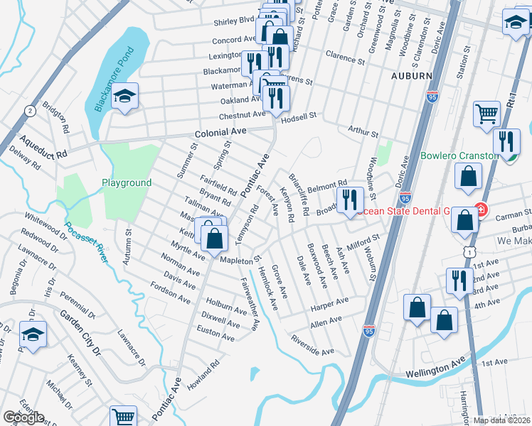 map of restaurants, bars, coffee shops, grocery stores, and more near 39 Rockland Avenue in Cranston