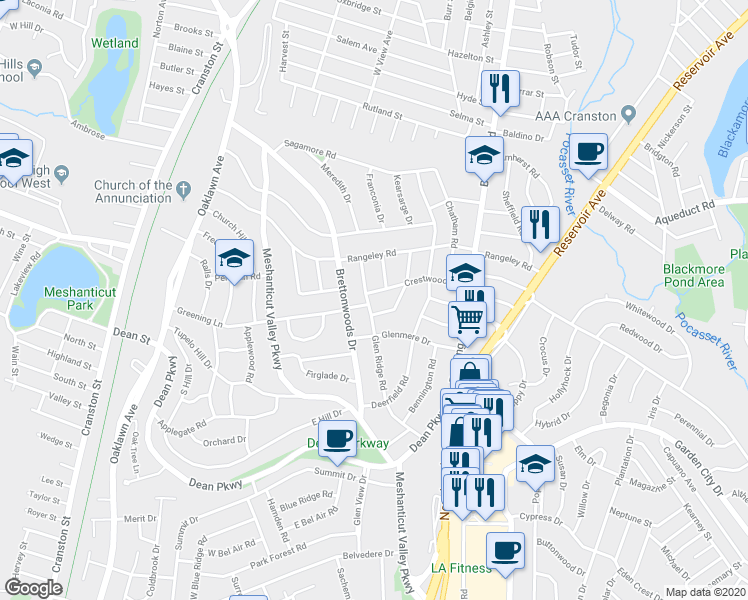 map of restaurants, bars, coffee shops, grocery stores, and more near 122 Glen Ridge Road in Cranston