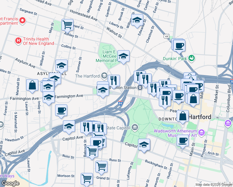 map of restaurants, bars, coffee shops, grocery stores, and more near 77 Sherman Street in Hartford