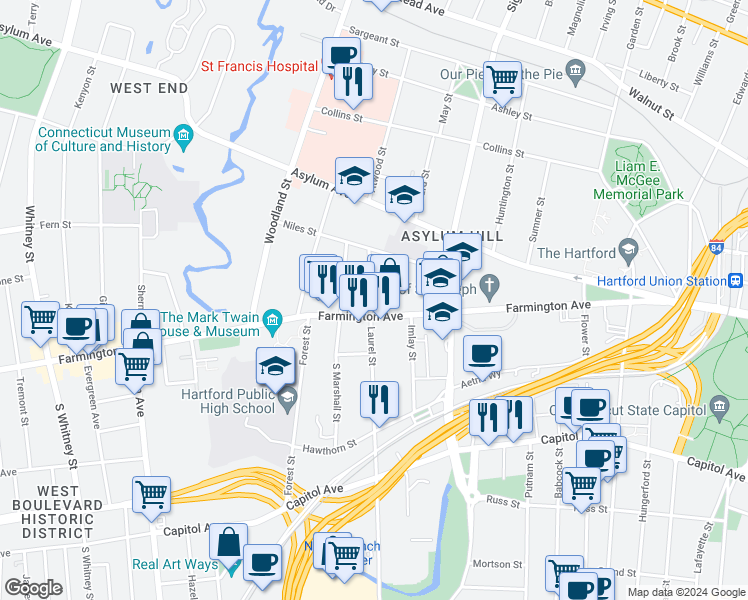 map of restaurants, bars, coffee shops, grocery stores, and more near 267 Farmington Avenue in Hartford