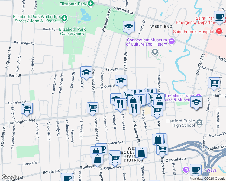 map of restaurants, bars, coffee shops, grocery stores, and more near 135 Oxford Street in Hartford