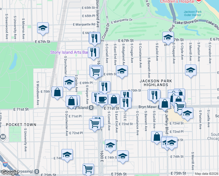 map of restaurants, bars, coffee shops, grocery stores, and more near 7010 South Cornell Avenue in Chicago