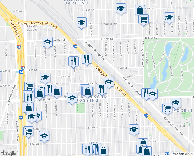 map of restaurants, bars, coffee shops, grocery stores, and more near 445 East 70th Street in Chicago