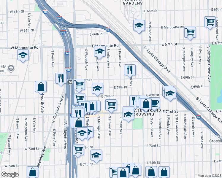 map of restaurants, bars, coffee shops, grocery stores, and more near 214 East 70th Street in Chicago