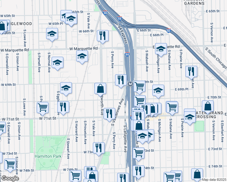 map of restaurants, bars, coffee shops, grocery stores, and more near 6950 South Perry Avenue in Chicago
