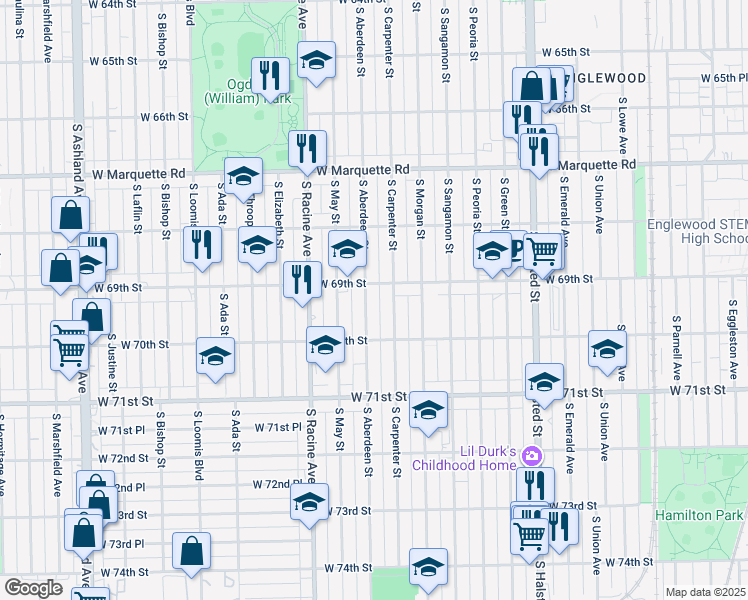 map of restaurants, bars, coffee shops, grocery stores, and more near 6940 South Carpenter Street in Chicago