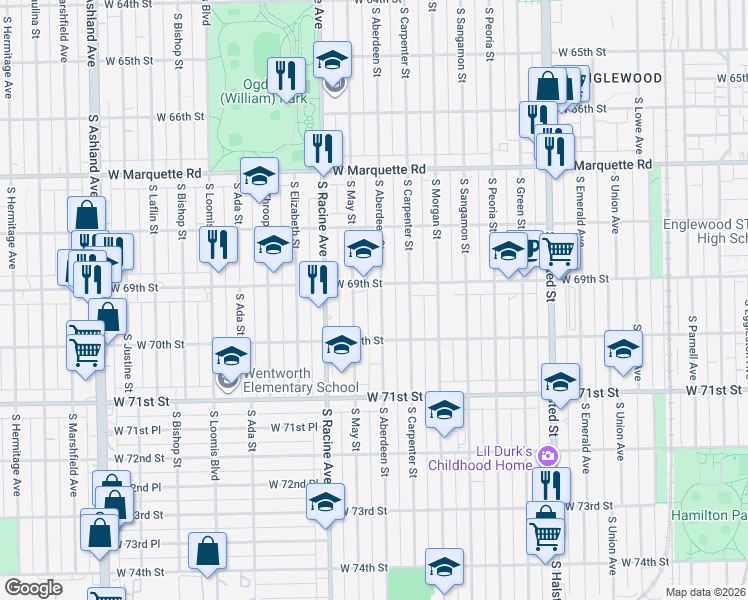 map of restaurants, bars, coffee shops, grocery stores, and more near 6941 South May Street in Chicago