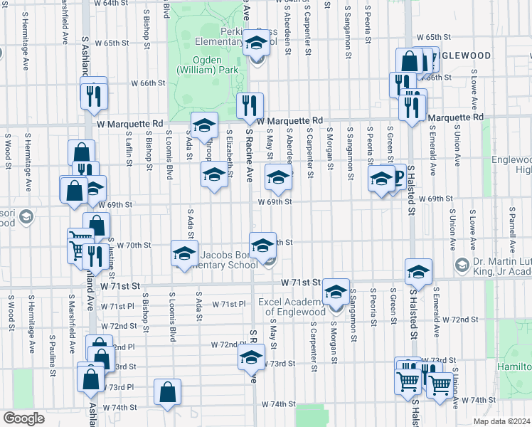 map of restaurants, bars, coffee shops, grocery stores, and more near 6941 South Racine Avenue in Chicago