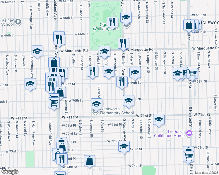 map of restaurants, bars, coffee shops, grocery stores, and more near 6938 South Throop Street in Chicago