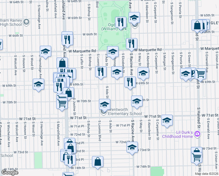 map of restaurants, bars, coffee shops, grocery stores, and more near 6938 South Throop Street in Chicago