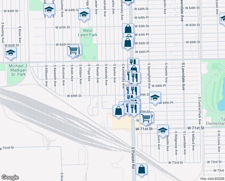 map of restaurants, bars, coffee shops, grocery stores, and more near 4127 West 69th Street in Chicago