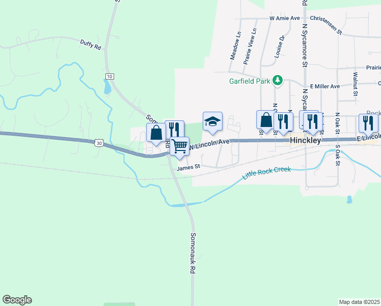 map of restaurants, bars, coffee shops, grocery stores, and more near 121 Park Court in Hinckley