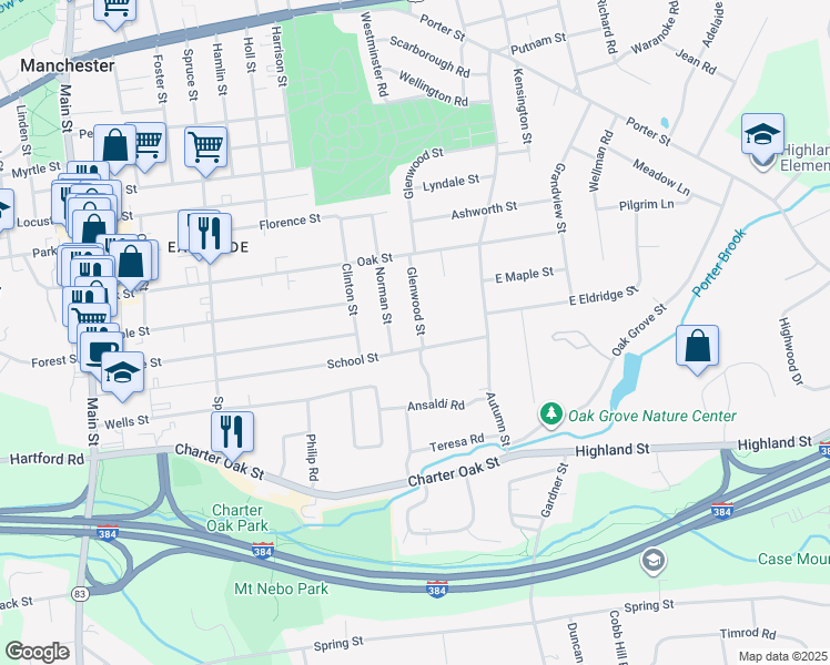map of restaurants, bars, coffee shops, grocery stores, and more near 256 School Street in Manchester