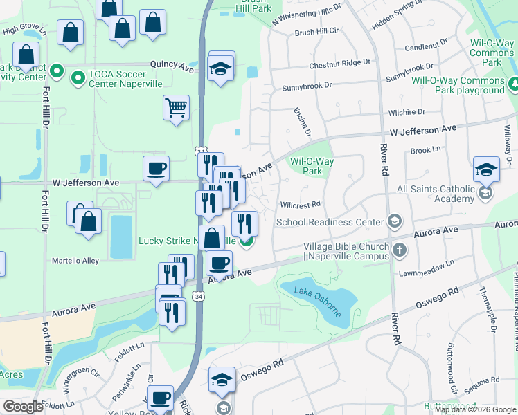 map of restaurants, bars, coffee shops, grocery stores, and more near 1495 Georgia Court in Naperville