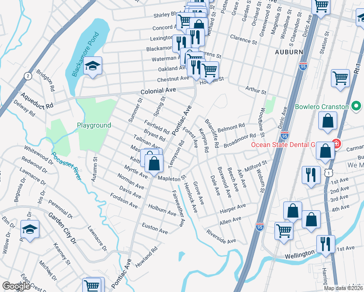 map of restaurants, bars, coffee shops, grocery stores, and more near 39 Rockland Avenue in Cranston
