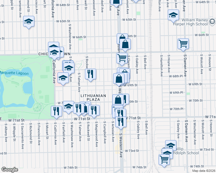 map of restaurants, bars, coffee shops, grocery stores, and more near 6925 South Campbell Avenue in Chicago