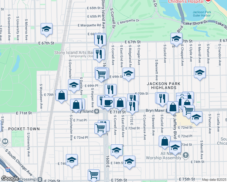 map of restaurants, bars, coffee shops, grocery stores, and more near 7010 South Cornell Avenue in Chicago