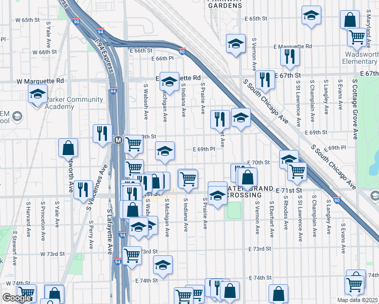 map of restaurants, bars, coffee shops, grocery stores, and more near 6933 South Indiana Avenue in Chicago