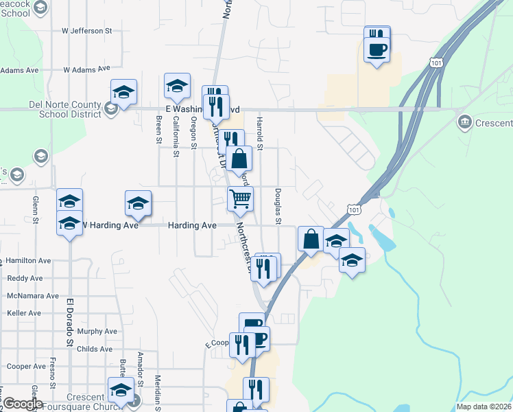 map of restaurants, bars, coffee shops, grocery stores, and more near 610 East Harding Avenue in Crescent City