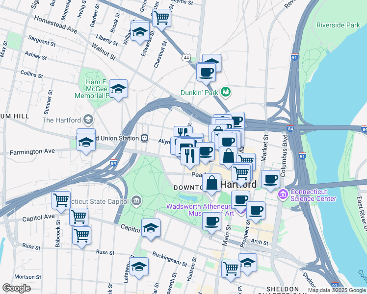 map of restaurants, bars, coffee shops, grocery stores, and more near 201 Ann Uccello Street in Hartford