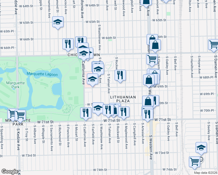 map of restaurants, bars, coffee shops, grocery stores, and more near 6900 South Talman Avenue in Chicago