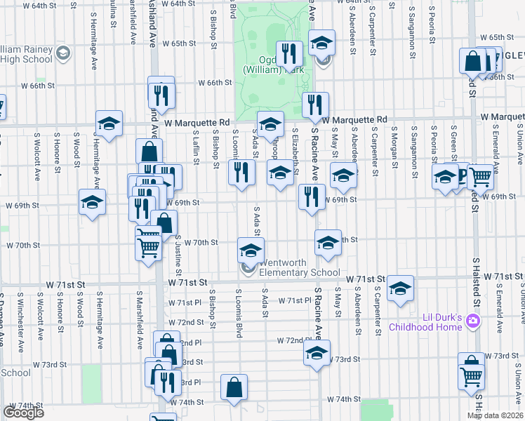map of restaurants, bars, coffee shops, grocery stores, and more near 6938 South Throop Street in Chicago
