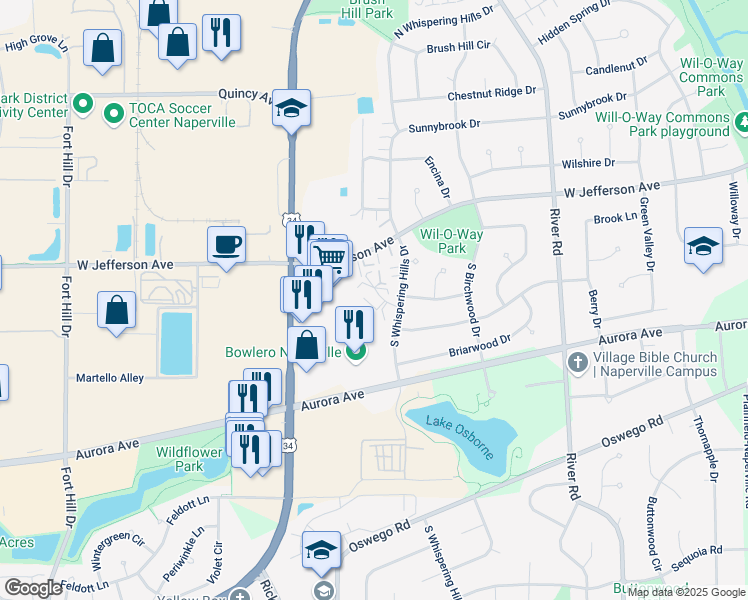 map of restaurants, bars, coffee shops, grocery stores, and more near 1495 Georgia Court in Naperville