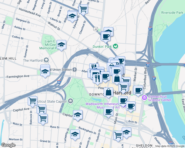 map of restaurants, bars, coffee shops, grocery stores, and more near 129 Ann Uccello Street in Hartford