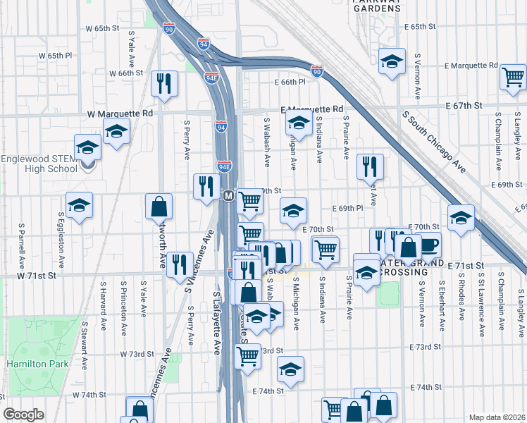 map of restaurants, bars, coffee shops, grocery stores, and more near 19 East 69th Street in Chicago