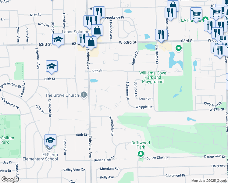map of restaurants, bars, coffee shops, grocery stores, and more near 200 Village Drive in Downers Grove