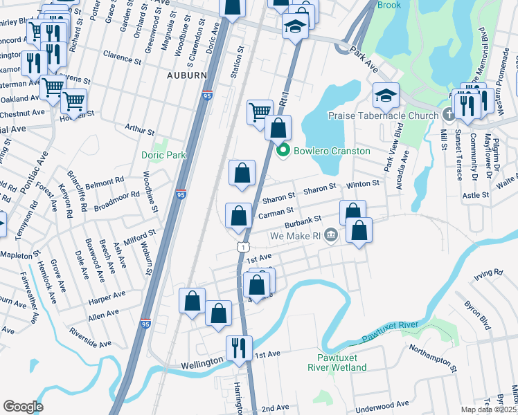 map of restaurants, bars, coffee shops, grocery stores, and more near 1512 Elmwood Avenue in Cranston