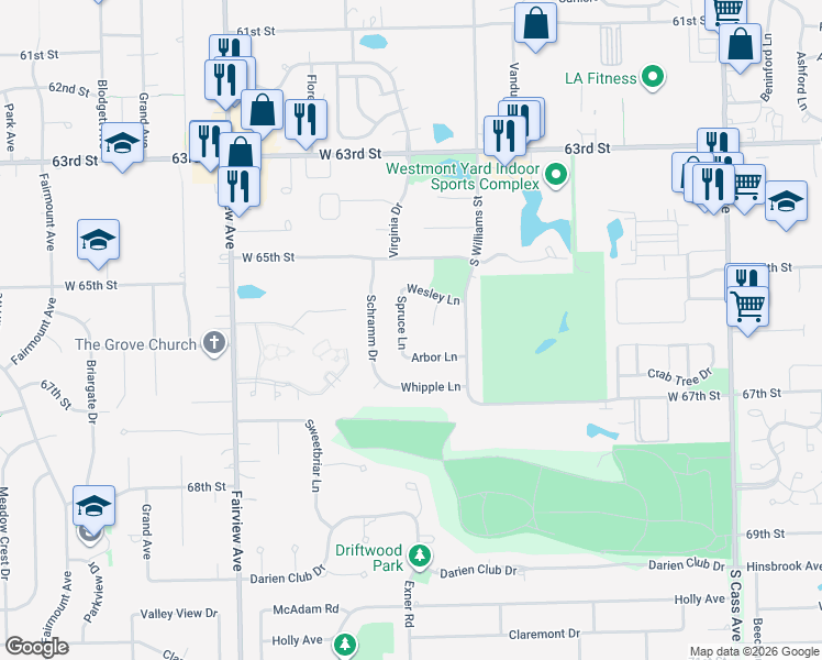 map of restaurants, bars, coffee shops, grocery stores, and more near 1421 Spruce Lane in Westmont
