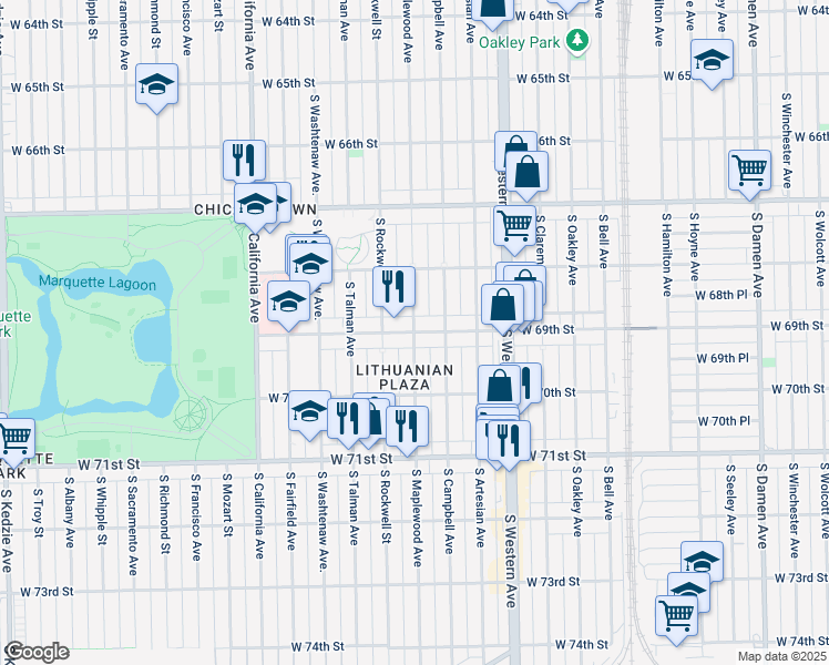 map of restaurants, bars, coffee shops, grocery stores, and more near West 69th Street & South Maplewood Avenue in Chicago