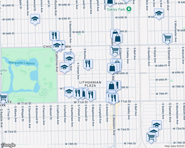 map of restaurants, bars, coffee shops, grocery stores, and more near 6900 South Maplewood Avenue in Chicago