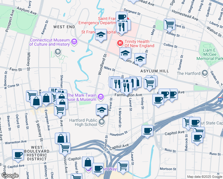 map of restaurants, bars, coffee shops, grocery stores, and more near 20 Gillett Street in Hartford
