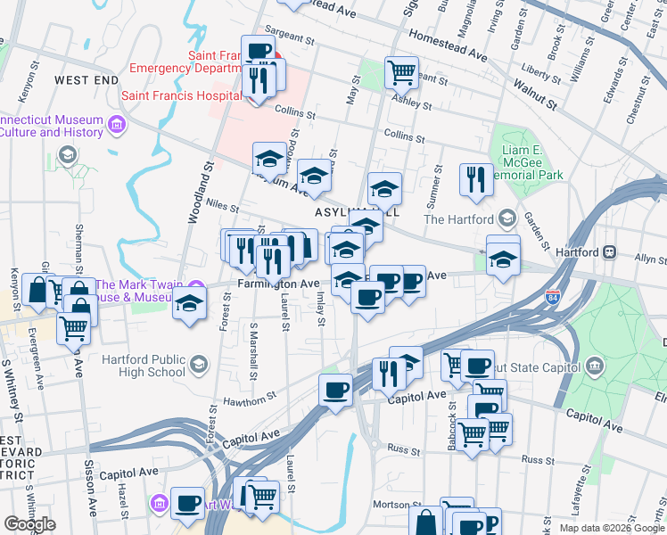 map of restaurants, bars, coffee shops, grocery stores, and more near 17 Niles Street in Hartford