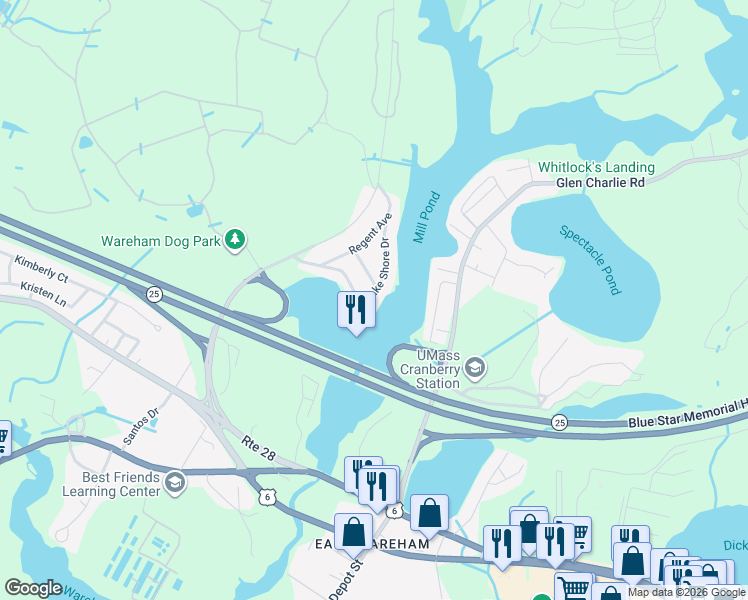 map of restaurants, bars, coffee shops, grocery stores, and more near 49 Lake Shore Drive in Wareham